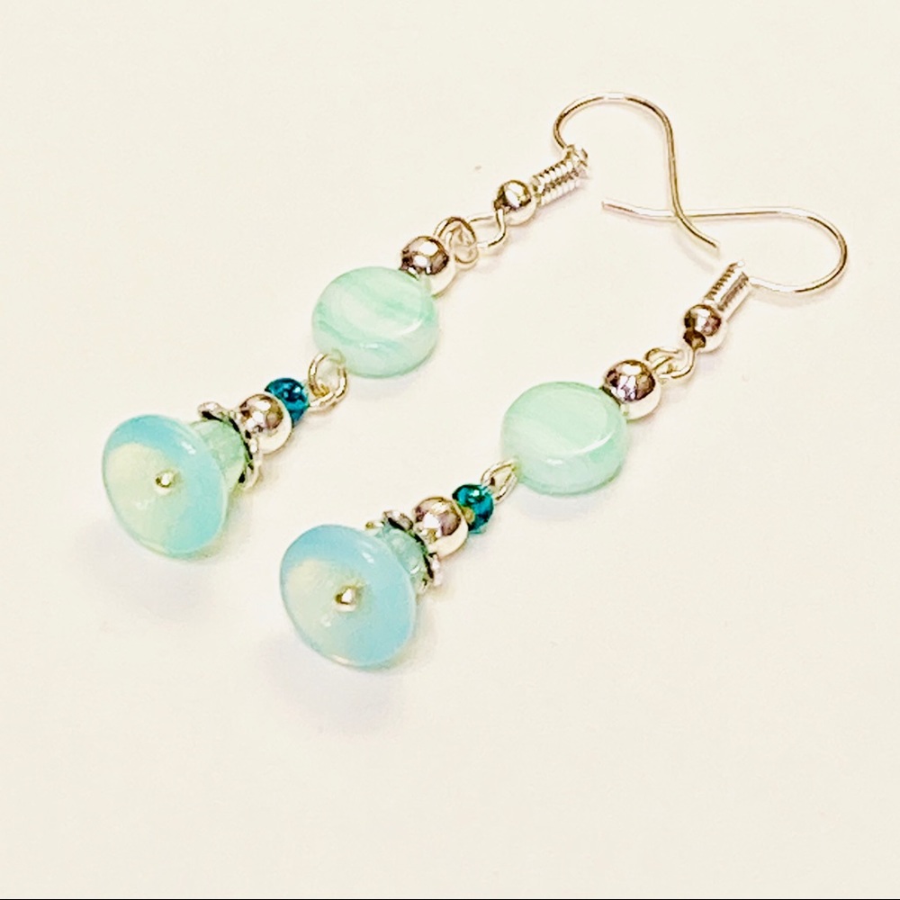 Mint Green & Light Aqua Bell Flower & Mint Czech Glass Coin Earrings